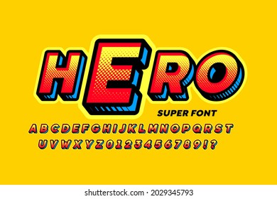 Letra cómic de estilo superhéroe, letras del alfabeto 3d e ilustración del vector de números