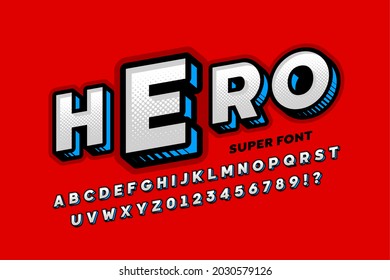 Comics Superhero Style Font, 3d Alphabet Letters And Numbers Vector Illustration