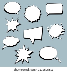 Comics template with speech balloons in pop-art style. Set of comics elements on grey background. Vector illustration.