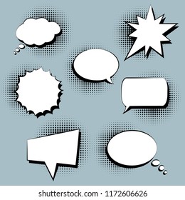 Comics template with speech balloons in pop-art style. Set of comics elements on grey background. Vector illustration.