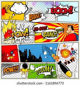 Comics Template. Vector Retro Comic Book Speech Bubbles Illustration. Mock-up of Comic Book Page with place for Text, Speech Bubbls, Symbols, Colored Halftone Background and Superhero