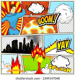 Comics Template. Vector Retro Comic Book Speech Bubbles Illustration. Mock-up of Comic Book Page with place for Text, Speech Bubbls, Symbols, Colored Halftone Background and Superhero