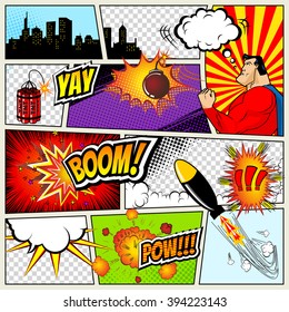 Comics Template. Vector Retro Comic Book Speech Bubbles Illustration. Mock-up of Comic Book Page with place for Text, Speech Bubbls, Symbols, Sound Effects, Colored Halftone Background and Superhero svg