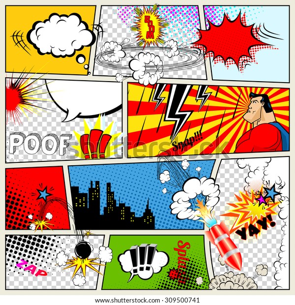 Comics Template. Vector Retro Comic Book Speech\
Bubbles Illustration. Mock-up of Comic Book Page with place for\
Text, Speech Bubbles, Symbols, Sound Effects, Colored Halftone\
Background and\
Superhero