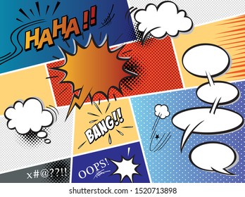 Comics Template.Comic speech bubbles and comic strip background.Mock-up of Comic Book Page with place for Text, Speech Bubbles, Symbols, Sound Effects, Colored Halftone Background 