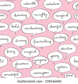 Comics text decoration, hand drawn illustration of a pattern with speech bubbles over a pink background