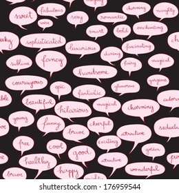 Comics text decoration, hand drawn illustration of a pattern with pink speech bubbles over a black background