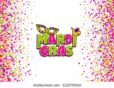 Comics text mask isolated. Colored shimmer random falling. Mardi Gras - Fat Tuesday carnival carnival French-speaking country. Comic book cartoon vector illustration pop art isolated background