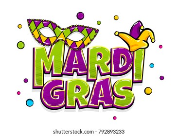 Comics text mask isolated. Colored shimmer random falling. Mardi Gras - Fat Tuesday carnival carnival French-speaking country. Comic book cartoon vector illustration pop art isolated background