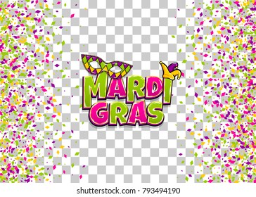 Comics text mask isolated. Colored shimmer random falling. Mardi Gras - Fat Tuesday carnival carnival French-speaking country. Comic book cartoon vector illustration pop art transparent background
