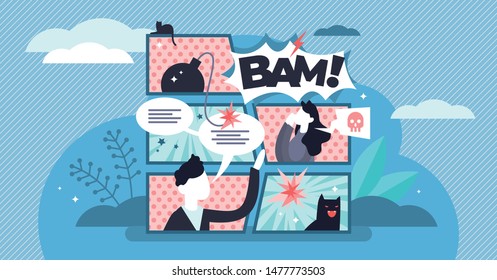 Comics vector illustration. Flat tiny kids visual expression persons concept. Drawing style with text bubble, explosion and stylized message communication. Dialog visualization with onomatopoeia book