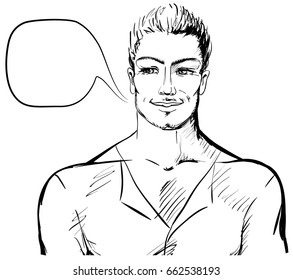 Comics vector sketch of handsome man face with bubble for speech.