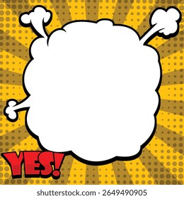 Comic-style background with a bold yellow halftone burst, large central explosion cloud, and red "YES!" text in pop art font. A dynamic and energetic template perfect for retro comic designs, announce