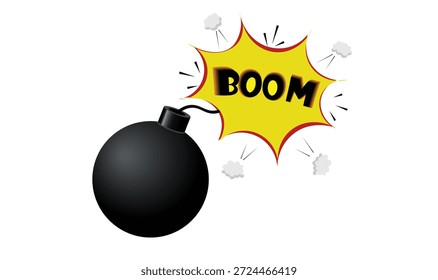 Explosão de bomba em estilo cômico com texto em negrito ‘BOOM’ e efeitos de explosão dinâmica.