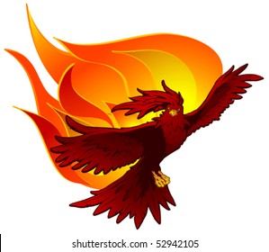 Comic-style cartoon phoenix flying amid flames.