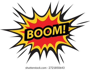 Um gráfico de explosão em estilo cômico com texto 'BOOM!' em amarelo e preto, rodeado por uma rajada vermelha e amarela, sobre um fundo branco.