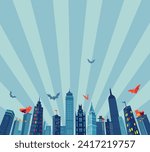 Comic-style horizontal background for Super hero kids party with city silhouette and clouds. Metropolis Illustration