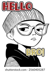 Comic-style illustration of a cool kid with beanie and glasses in bold urban fashion theme
