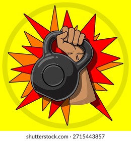 Comic-style illustration featuring a hand tightly gripping a black kettlebell against a yellow background. National Kettlebell Day, January 12th.