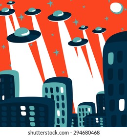 Comic-style illustration of an UFOs attack at the city