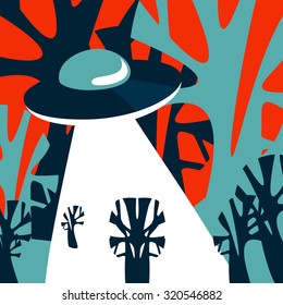 Comic-style illustration of an UFOs attack in the forest