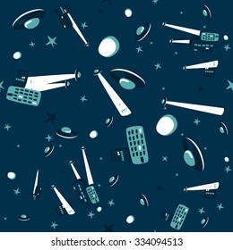 Comic-style seamless pattern of an UFOs attack at the city