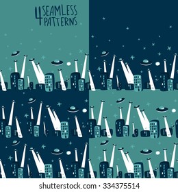 Comic-style seamless pattern of an UFOs attack at the city