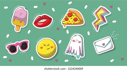 a comic-style set. Lips, pizza, ice cream,ghost, sunglasses, thunder, lightning, message, envelope