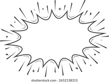 Comic-style speech bubble explosion in a clean black and white outline. Perfect for pop art, retro comics, manga illustrations, dialogue boxes, fun graphic designs, stickers, and more.