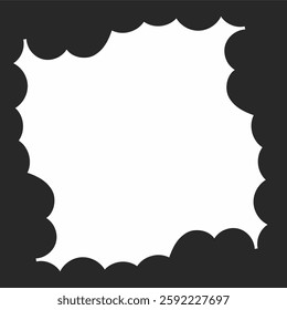 a comic-style speech or thought bubble frame with a black background and a white center, featuring a cloud-like border design.