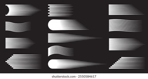 Comic-style speed lines in black with smooth, rounded edges. Vector collection.