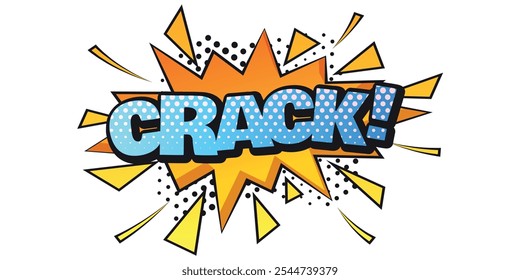 Gráfico de texto em estilo cômico com a palavra 'CRACK!' e efeito de explosão. Design de efeitos sonoros de pop art para temas de ação ou impacto.
