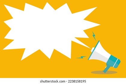 Comic-style vector illustration on a yellow background with an announcement message blown out from a loudspeaker megaphone