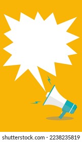 Ilustración vectorial de estilo cómico en un fondo amarillo con un mensaje de anuncio lanzado desde un megáfono de altavoz