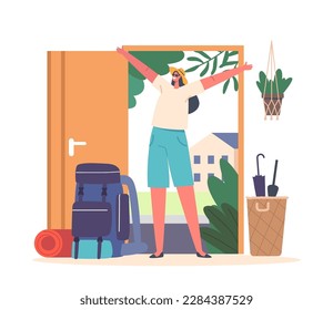 Coming Back Home After Relaxing Vacation Concept. Woman with Luggage Entering Her Living Space Feeling Comfort