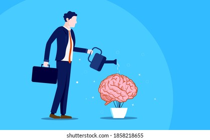 Coming up with business ideas - Businessman watering a plant with brain. Metaphor for idea work and creativity. Vector illustration.