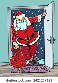 The coming Christmas is coming into the house. Santa Claus opened the breathing door from the snowstorm. New Year's Eve and gift delivery all over the world. Comic cartoon pop art retro vector