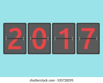 With coming happy New Year 2017 mechanical scoreboard congratulation, flip symbol on blue background. New year, happy and christmas concept. Flat design. Vector illustration. EPS 8, no transparency