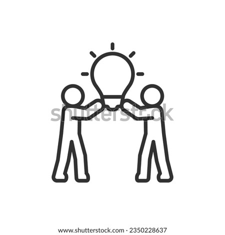Coming up with an idea together, linear icon. People holding a light bulb with rays. Line with editable stroke