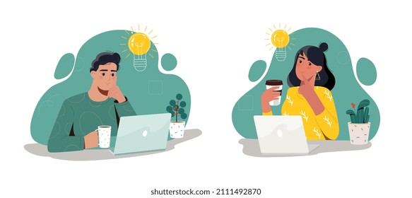 El concepto de ideas. Conjunto de hombres y mujeres creativos que piensan en nuevas ideas. Bombilla como símbolo de inspiración y motivación. Colección vectorial plana de dibujos animados aislada en fondo blanco