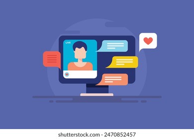 Coming live on social media, Person making live appearance on social network, Social media comments and interaction - vector illustration with icons