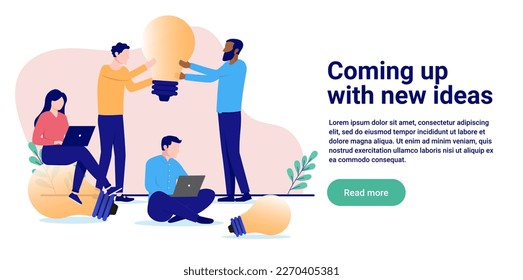 Coming up with new ideas - Business people in workshop generating idea light bulbs and working in team. Flat design vector illustration with copy space and white background