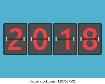 With coming New Year 2018 mechanical scoreboard congratulation, flip symbol on blue background. New year, happy and Christmas concept. Flat design. Vector illustration. No gradients, no transparency