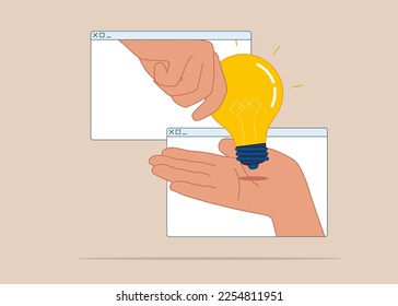 Coming out of browser pass each other light bulb a  symbol idea. Idea online. Modern vector illustration in flat style.