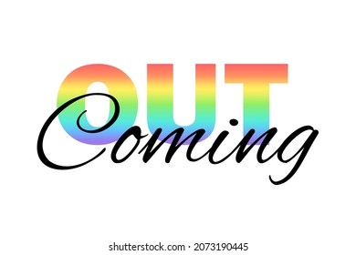 frase de salida. Letras negras y de color arcoiris. Colores de la ilustración vectorial de la comunidad LGBT. Elemento aislado sobre fondo blanco. Mejor para impresiones, carteles, tarjetas, pegatinas y diseño web.