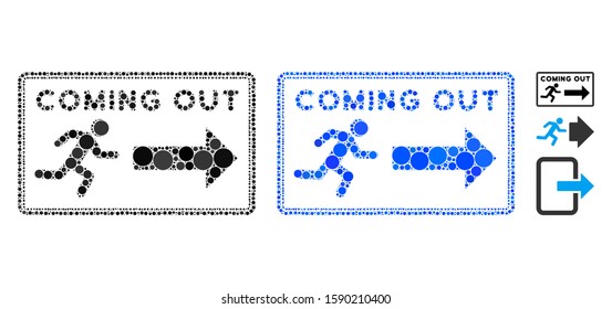 Coming out rectangle composition of filled circles in variable sizes and color tinges, based on Coming out rectangle icon. Vector random circles are united into blue composition.