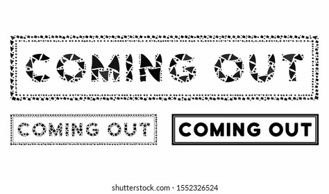 Coming out rectangle mosaic of humpy pieces in variable sizes and shades, based on Coming out rectangle icon. Vector humpy pieces are organized into collage.