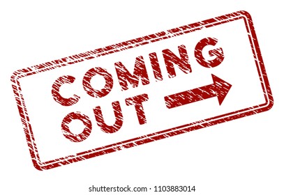 Coming Out rectangle rubber stamp seal. Vector element with distress style and grunge texture in red color. Designed for overlay watermarks and distressed seal prints.