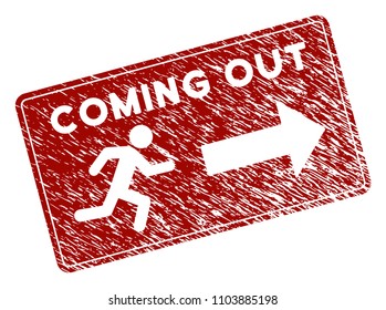 Coming Out rectangle rubber stamp seal. Vector element with distress design and grunge texture in red color. Designed for overlay watermarks and distressed seal prints.