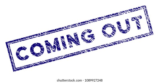 Coming Out rectangle stamp seal. Vector element with grainy design and dust texture in blue color. Designed for overlay watermarks and grunge textured rubber seal imitations.